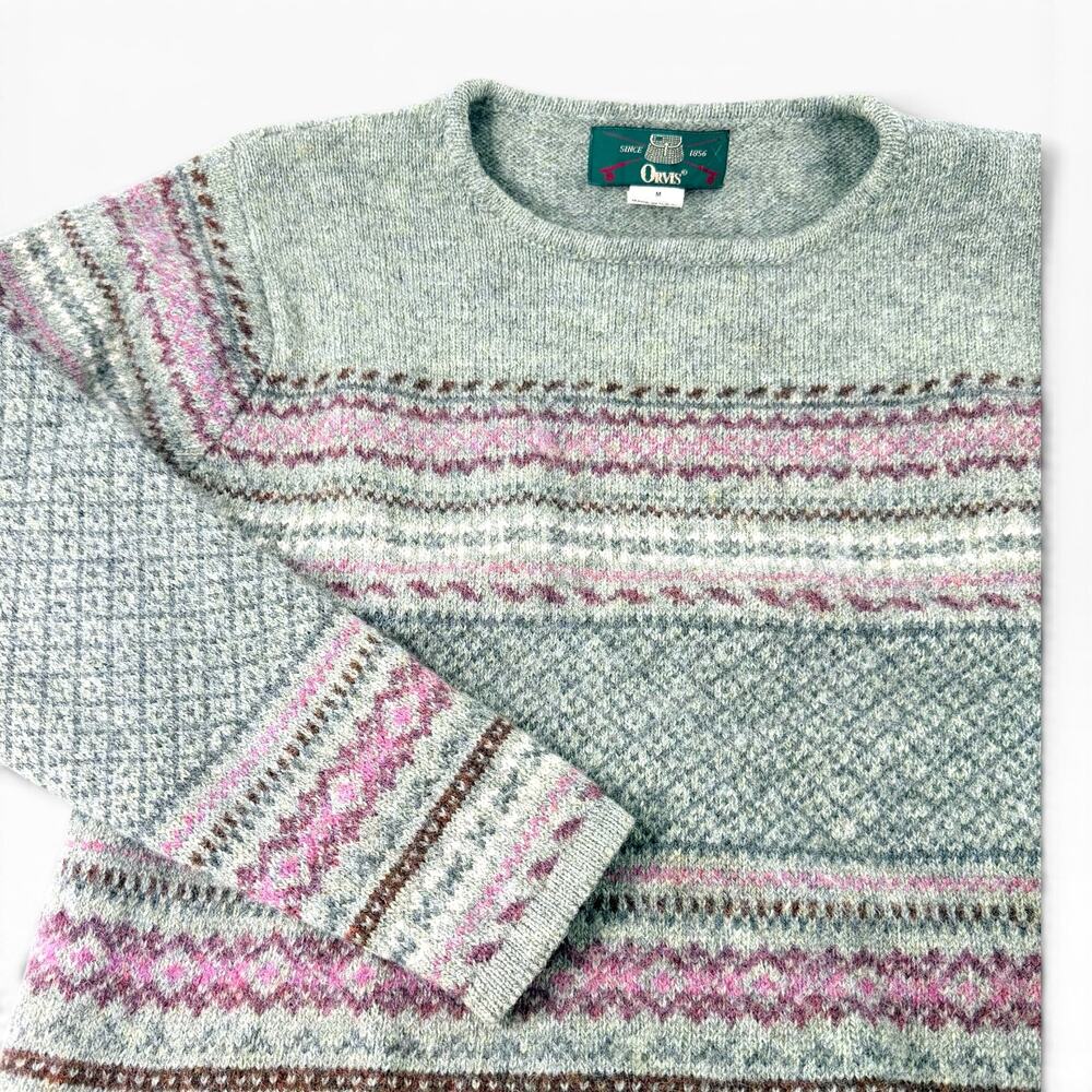 Orvis Shetland Wool Sweater Size M Fair Isle Cottagecore Grandmacore Pink USA